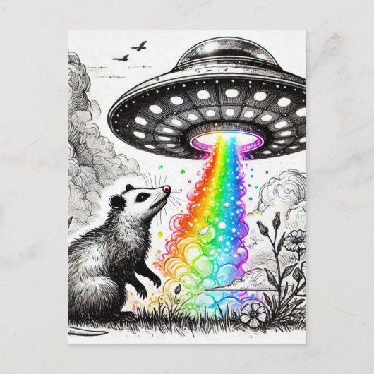 数羽の鳥とUFOを持つオポッサム ポストカード (正面)