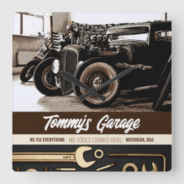 整備士カスタムカーオートバイガレージスクエアウォール スクエア壁時計