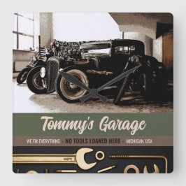 整備士カスタムカーオートバイガレージ スクエア壁時計