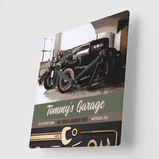 整備士カスタムカーオートバイガレージ スクエア壁時計 (傾斜)