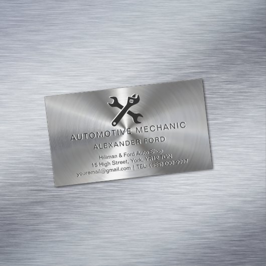 整備士ガレージメタリックシルバーラジアルメタルルック マグネット名刺 (インサイチュ)