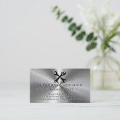 整備士ガレージメタリックシルバーラジアルメタルルック 名刺 (スタンド正面)