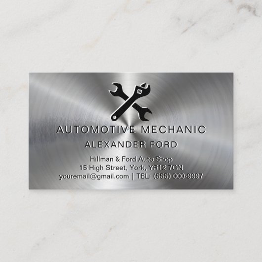 整備士ガレージメタリックシルバーラジアルメタルルック 名刺 (正面)