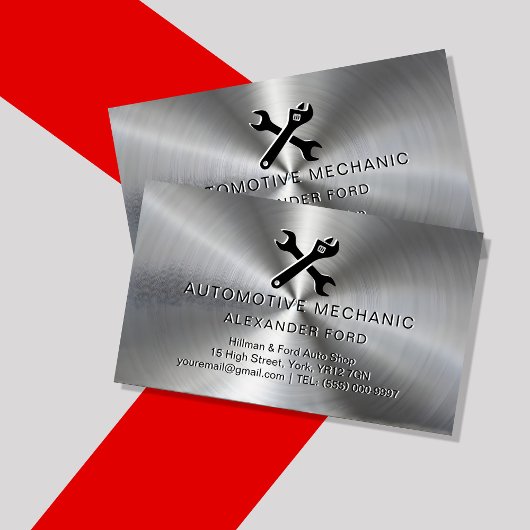 整備士ガレージメタリックシルバーラジアルメタルルック 名刺