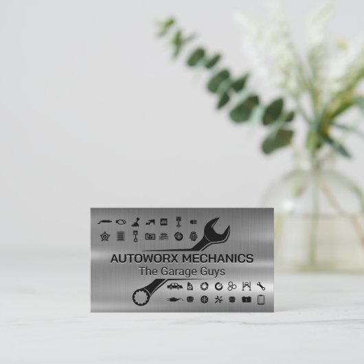整備士レンチ |自動サービス |メタリック 名刺 (スタンド正面)