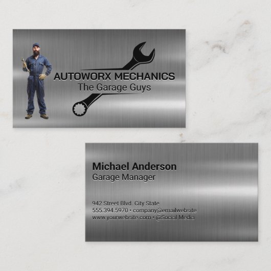整備士保持レンチ | 自動サービス | メタリック 名刺 (正面/裏面)