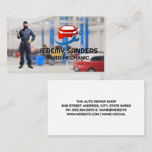 整備士保持レンチ | 自動修復の修正ロゴ 名刺 (正面/裏面)