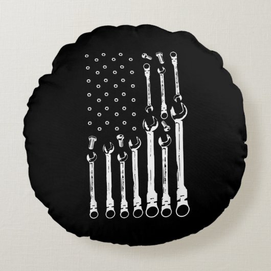 整備士国旗アメリカ愛国旗カー整備士 ラウンドクッション (正面)