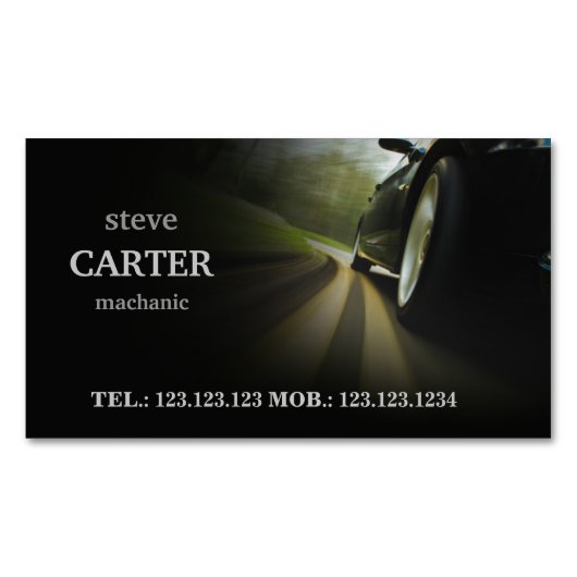 整備士車のな車の黒の車輪カード マグネット名刺 (正面)