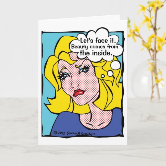 整形手術が好調になるおもしろい漫画本の女性 カード (黄色い花)