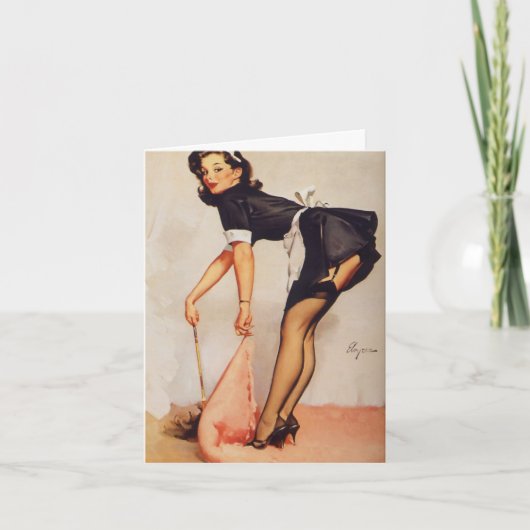 敷物の下を掃け、申し訳ない、ヴィンテージピンナップ カード (正面)