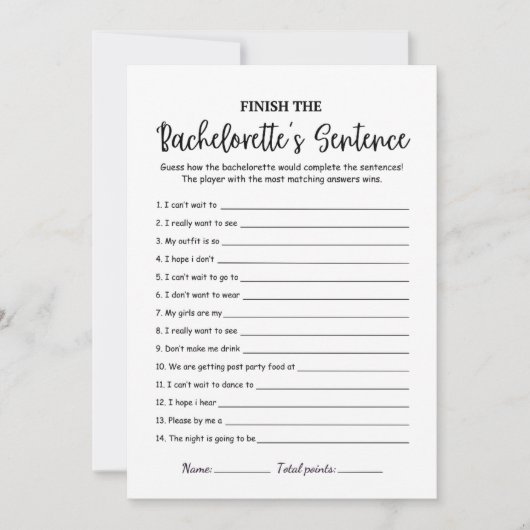 文を完成させるブライダルシャワーゲームカード (正面)