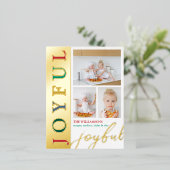 文カラフル字3フォトコラージュJoyful Chic金ゴールド 箔シーズンポストカード (立ち正面)