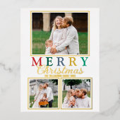 文カラフル字3写真メリークリスマスシック金ゴールド 箔シーズンポストカード (正面)