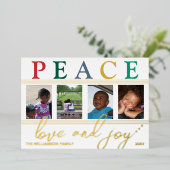 文カラフル字4写真シック平和ラブジョイ金ゴールド 箔シーズンカード (立ち正面)