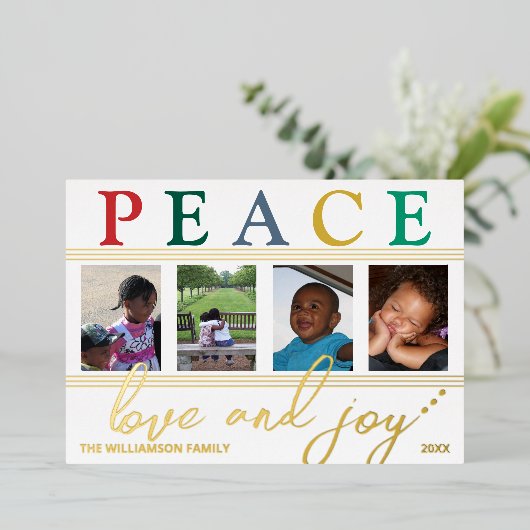 文カラフル字4写真シック平和ラブジョイ金ゴールド 箔シーズンカード (立ち正面)