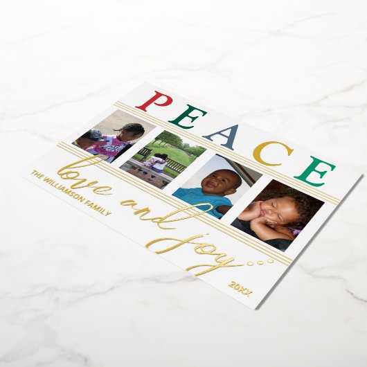 文カラフル字4写真シック平和ラブジョイ金ゴールド 箔シーズンカード (回転した状態)