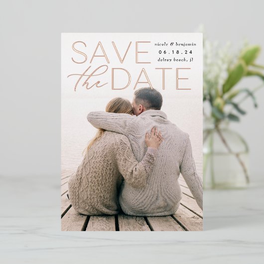 文モダン書 |縦方向の写真の日付の保存 箔招待状 (立ち正面)