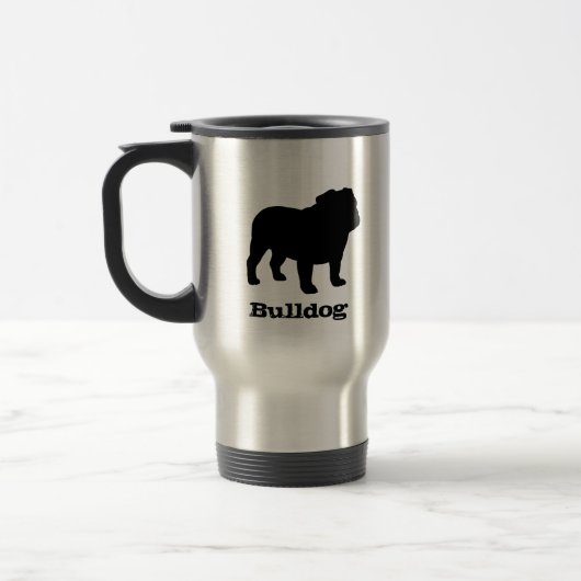 文字が付いている英国のブルドッグのシルエット トラベルマグ (左)