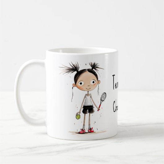 文字で、かわいいテニススターの女の子 コーヒーマグカップ (左)