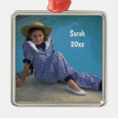 文字とあなた自身の正方形の写真の記念品を作成して下さい メタルオーナメント (正面)