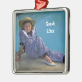 文字とあなた自身の正方形の写真の記念品を作成して下さい メタルオーナメント (左)