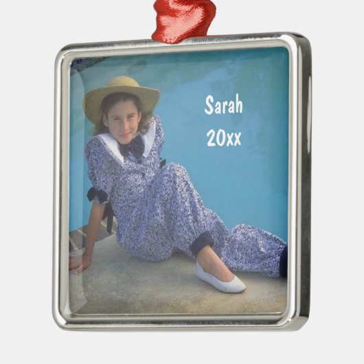 文字とあなた自身の正方形の写真の記念品を作成して下さい メタルオーナメント (左)