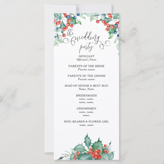 文字とホリーの冬エレガントの結婚式プログラム (裏面)