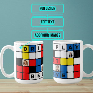 文字と写真の原色の正方形 コーヒーマグカップ