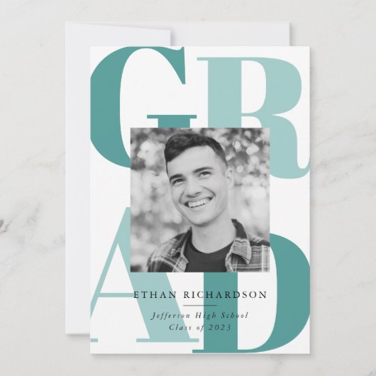 文字はっきりしたティール（緑がかった色） |写真卒業パーティー 招待状 (正面)