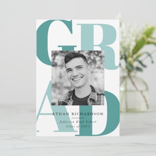 文字はっきりしたティール(緑がかった色) |写真卒業パーティー 招待状 (スタンド正面)