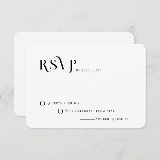文字はっきりした白黒シックなウェディングモダンRSVP 招待状 (正面/裏面)