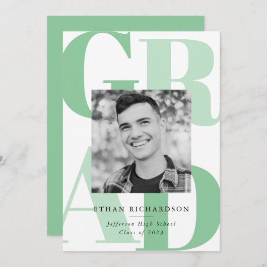 文字はっきりした緑 |写真卒業パーティー 招待状 (正面/裏面)