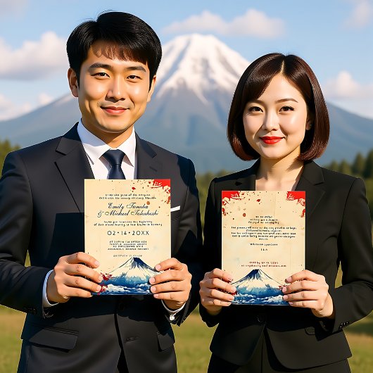 文字をバックにジャポネスク調和で富士と 招待状