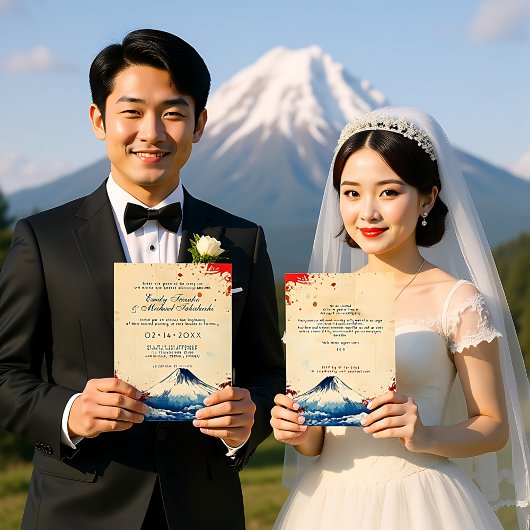 文字をバックにジャポネスク調和で富士と 招待状