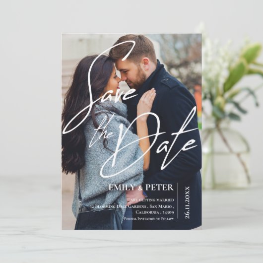 文字オーバーレイ2写真ウェディング日付を保存招待状 セーブザデート (スタンド正面)