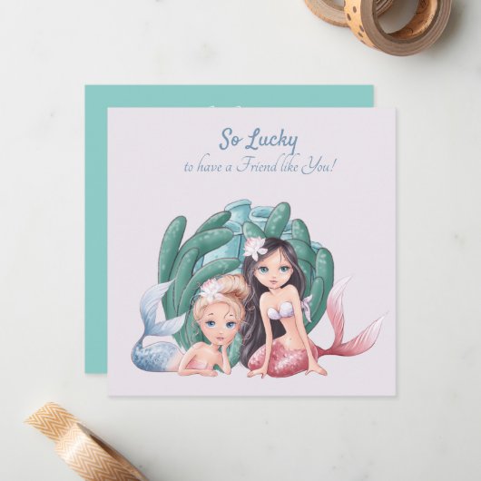 文字カスタムかわいい人魚とシーライフBFF ノートカード (正面/裏面インサイチュ)