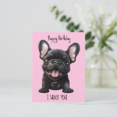 文字カスタムとカラー、🐶フレンチー子犬誕生日 ポストカード (スタンド正面)