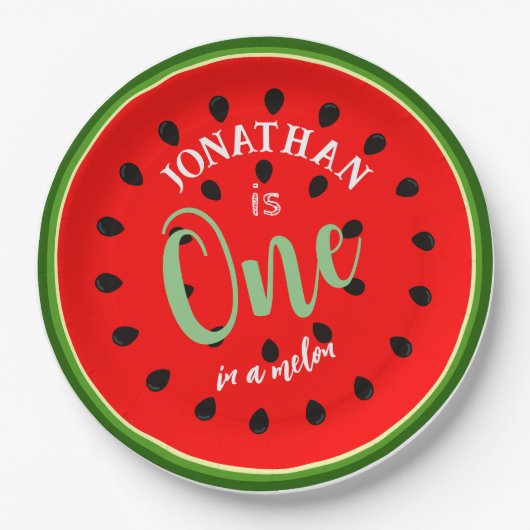 文字カスタムとメロン赤フルーツのイメージ ペーパープレート (正面)