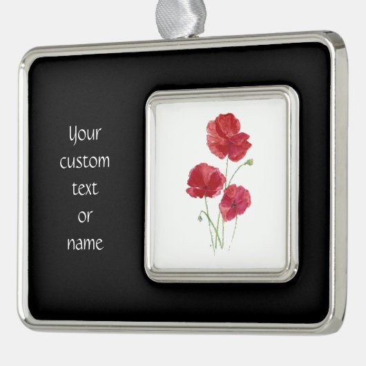 文字カスタムまたは名前の水色の赤ポピー花 シルバープレートフレームオーナメント (左)