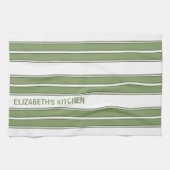 文字カスタムオリーブグリーンアンドホワイトストライプの キッチンタオル (横)