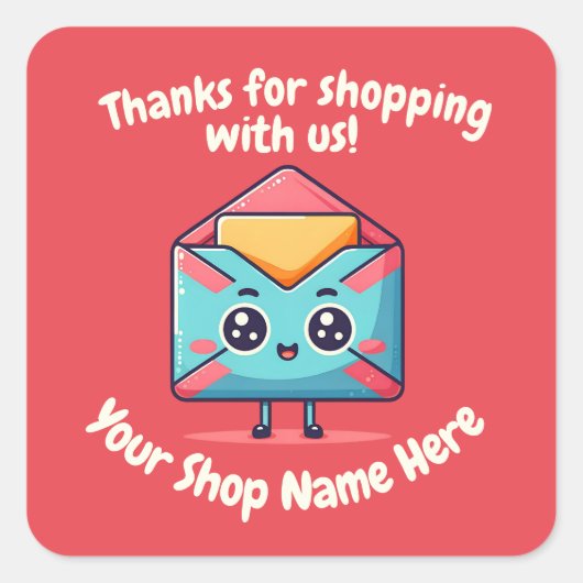 文字カスタムスモールビジネスカワイメールありがとう スクエアシール (正面)