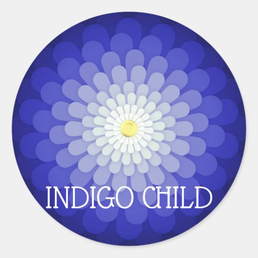 文字カスタムダークブルーマンダラフラワーインディゴチャイルド ラウンドシール (正面)