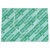 文字カスタムハートストライプグリーンティール(緑がかった色)バレンタインズ ラージペーパーバッグ (正面)