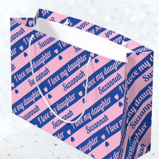 文字カスタムハートストライプズピンクネイビーバレンタイン ラージペーパーバッグ