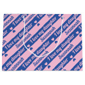 文字カスタムハートストライプズピンクネイビーバレンタイン ラージペーパーバッグ (正面)