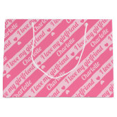 文字カスタムハートストライプズピンクバレンタイン ラージペーパーバッグ (正面)