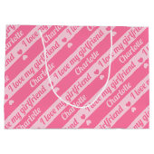 文字カスタムハートストライプズピンクバレンタイン ラージペーパーバッグ (裏面)