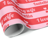 文字カスタムハートストライプズValentine's Red Pink ラッピングペーパー (ロールコーナー)