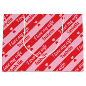 文字カスタムハートストライプズValentine's Red Pink ラージペーパーバッグ (正面)